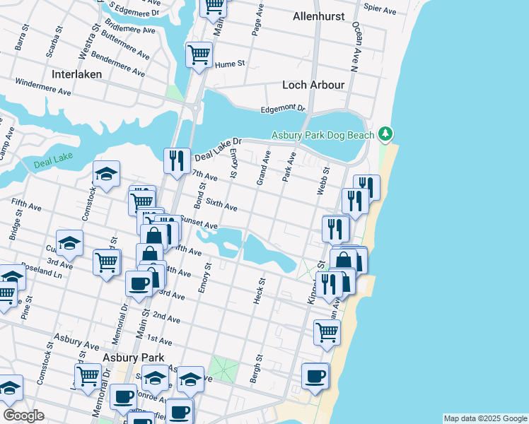 map of restaurants, bars, coffee shops, grocery stores, and more near 407 Sixth Avenue in Asbury Park