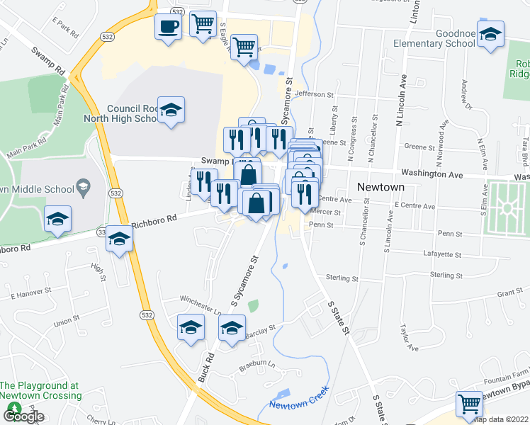 map of restaurants, bars, coffee shops, grocery stores, and more near 106 South Sycamore Street in Newtown