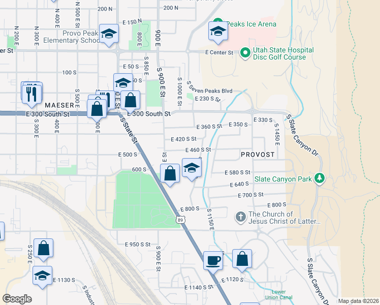 map of restaurants, bars, coffee shops, grocery stores, and more near 1058 East 460 South Street in Provo
