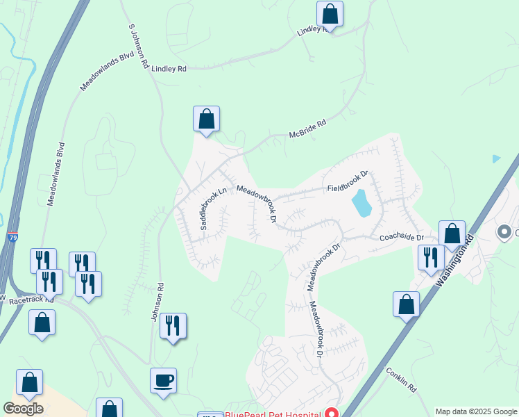 map of restaurants, bars, coffee shops, grocery stores, and more near 19 Pacers Ridge Drive in Canonsburg