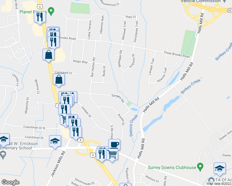 map of restaurants, bars, coffee shops, grocery stores, and more near 100 Sargent Road in Freehold