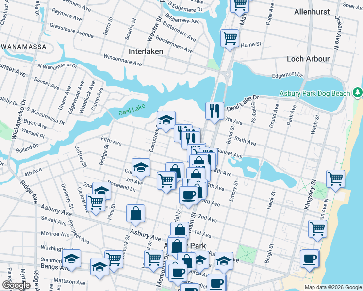 map of restaurants, bars, coffee shops, grocery stores, and more near 904 Sunset Avenue in Asbury Park