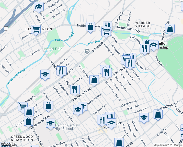map of restaurants, bars, coffee shops, grocery stores, and more near 219 Woodlawn Avenue in Trenton