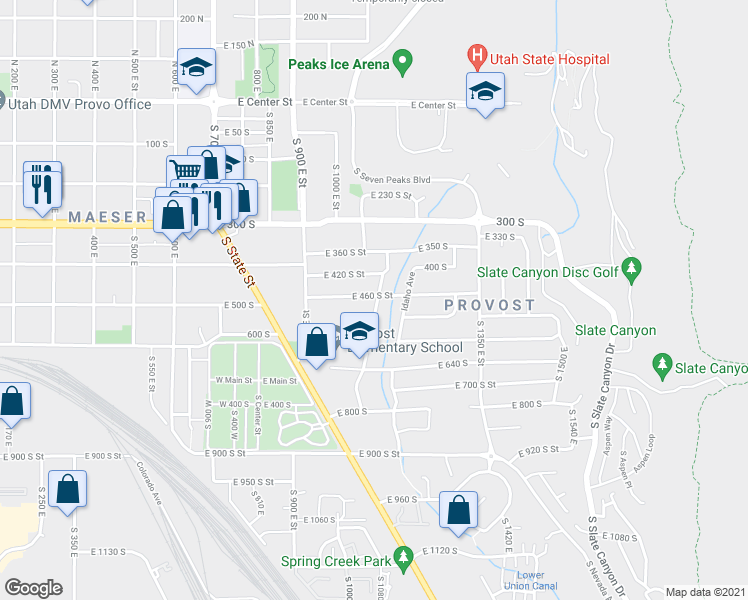map of restaurants, bars, coffee shops, grocery stores, and more near 1090 East 460 South Street in Provo