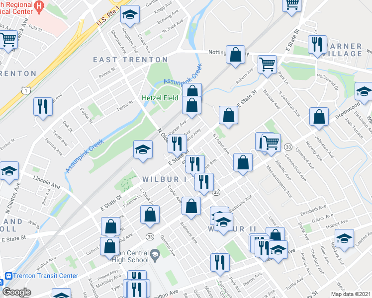 map of restaurants, bars, coffee shops, grocery stores, and more near 1226 East State Street in Trenton