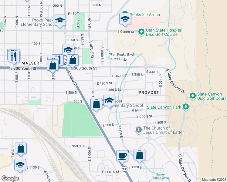 map of restaurants, bars, coffee shops, grocery stores, and more near 1090 East 460 South Street in Provo