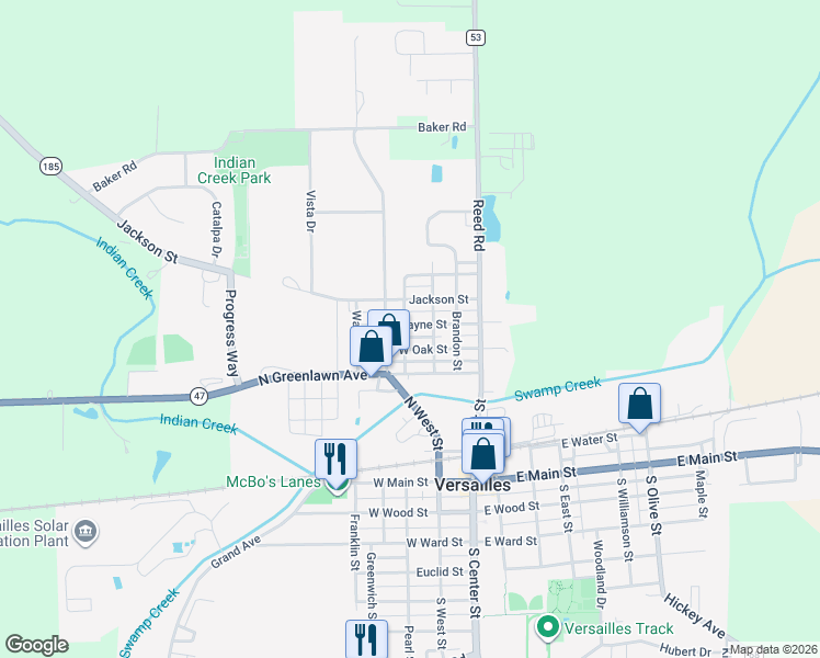 map of restaurants, bars, coffee shops, grocery stores, and more near 437 North West Street in Versailles