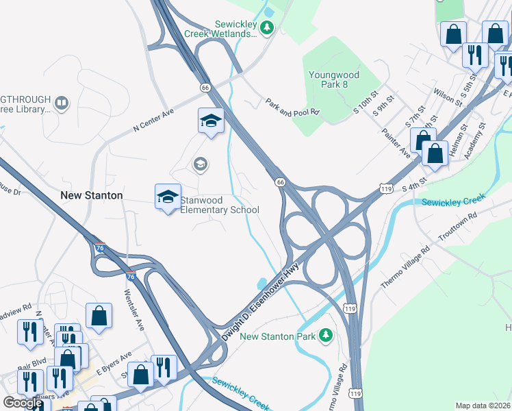map of restaurants, bars, coffee shops, grocery stores, and more near 166 Arona Road in New Stanton