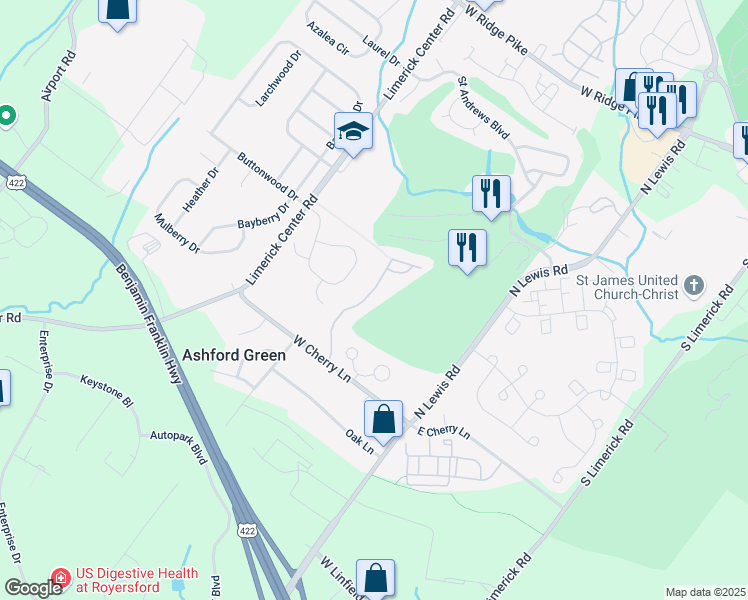 map of restaurants, bars, coffee shops, grocery stores, and more near 89 Walker Road in Royersford