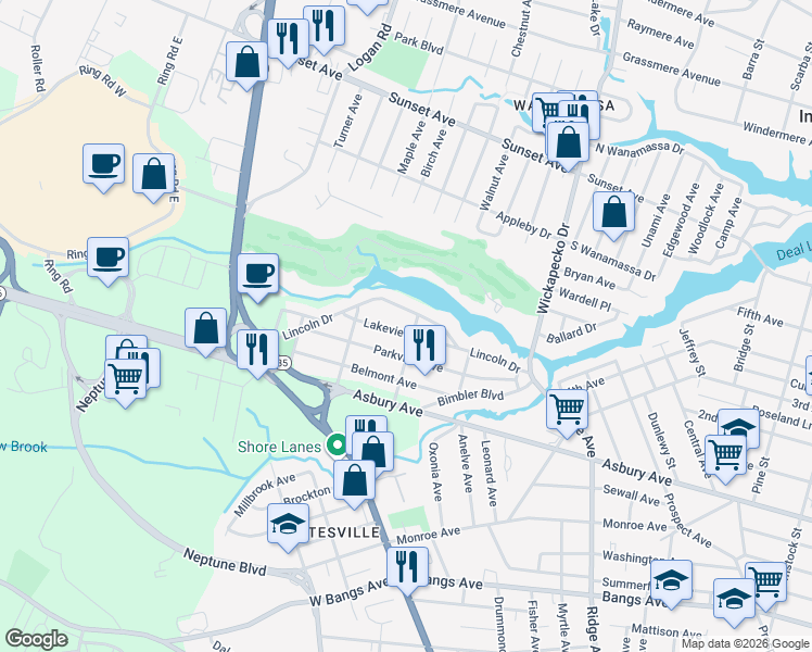 map of restaurants, bars, coffee shops, grocery stores, and more near 300 Lakeview Avenue in Monmouth County