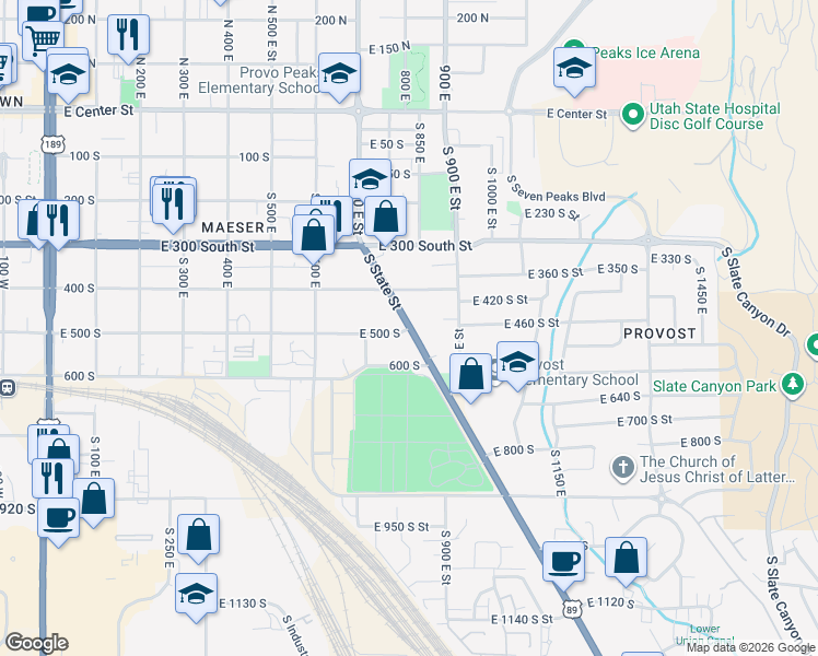 map of restaurants, bars, coffee shops, grocery stores, and more near 762 East 500 South in Provo