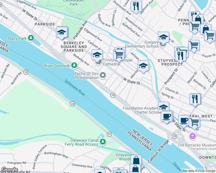 map of restaurants, bars, coffee shops, grocery stores, and more near 602 Riverside Avenue in Trenton