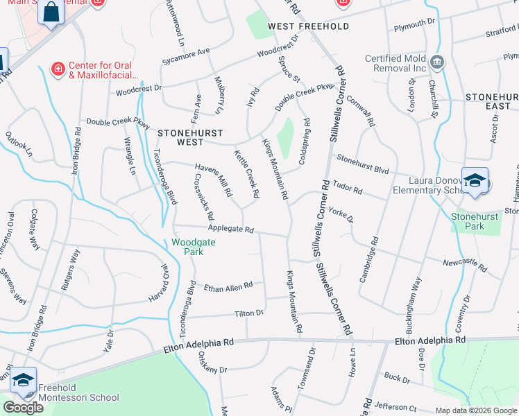 map of restaurants, bars, coffee shops, grocery stores, and more near 8 Kettle Creek Road in Freehold