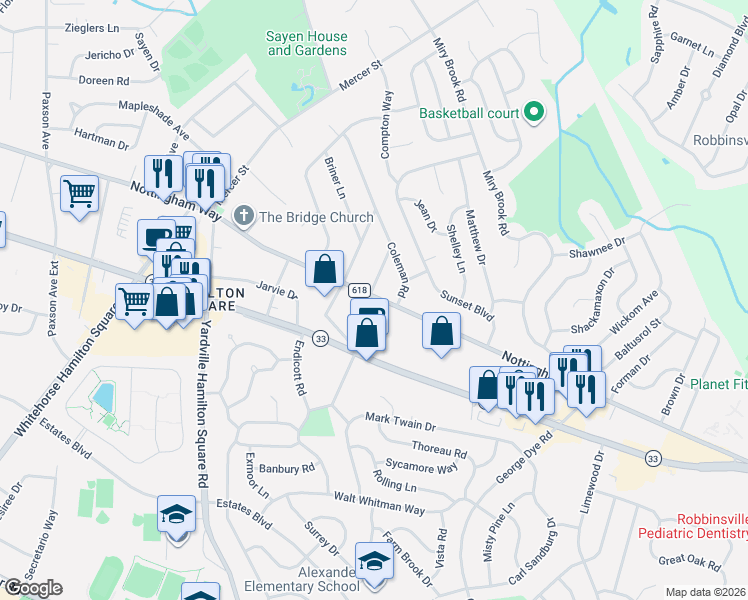 map of restaurants, bars, coffee shops, grocery stores, and more near 4039 Nottingham Way in Hamilton Township