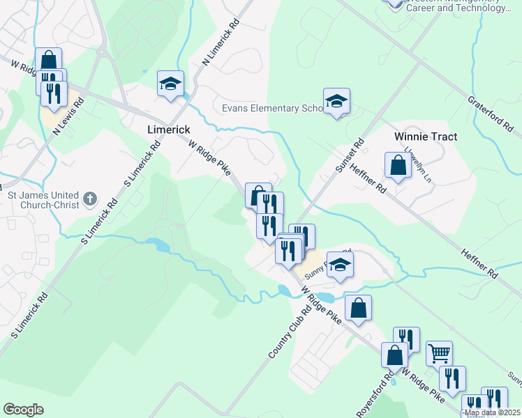 map of restaurants, bars, coffee shops, grocery stores, and more near 260 West Ridge Pike in Royersford
