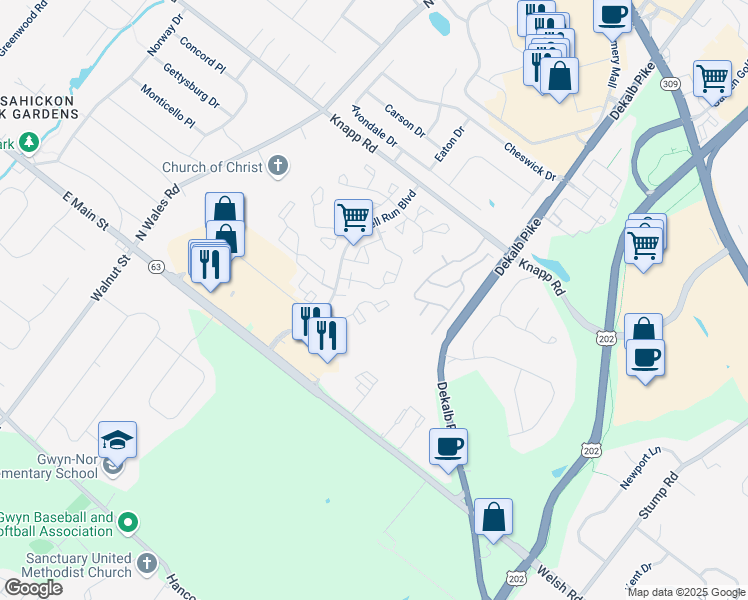 map of restaurants, bars, coffee shops, grocery stores, and more near 101 Colettes Court in North Wales