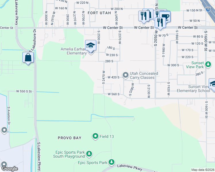 map of restaurants, bars, coffee shops, grocery stores, and more near 2493 West 500 South in Provo