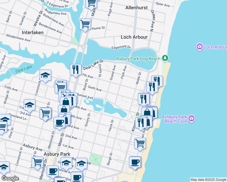 map of restaurants, bars, coffee shops, grocery stores, and more near 407 Sixth Avenue in Asbury Park