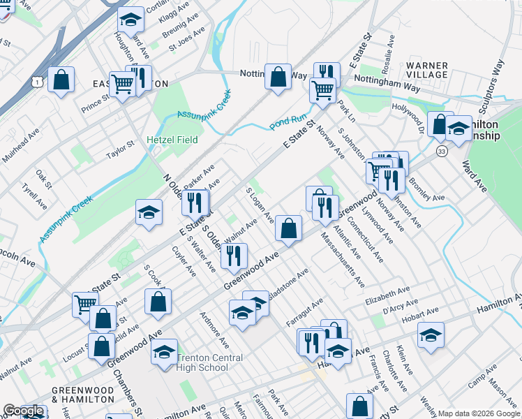 map of restaurants, bars, coffee shops, grocery stores, and more near 73 South Logan Avenue in Trenton