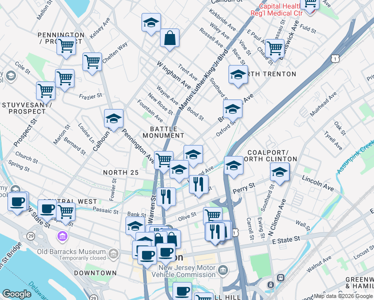 map of restaurants, bars, coffee shops, grocery stores, and more near 165 Brunswick Avenue in Trenton