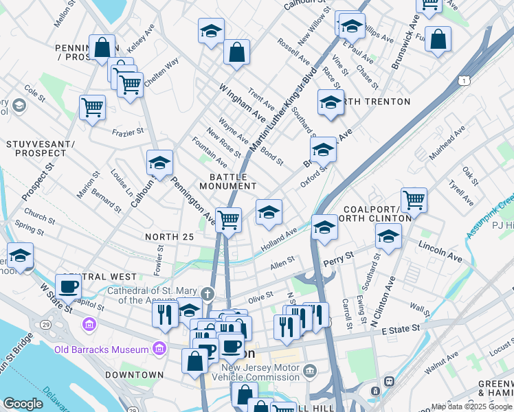 map of restaurants, bars, coffee shops, grocery stores, and more near 165 Brunswick Avenue in Trenton