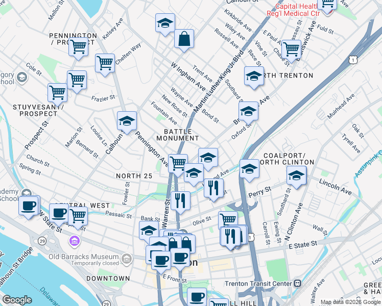 map of restaurants, bars, coffee shops, grocery stores, and more near 165 Brunswick Avenue in Trenton