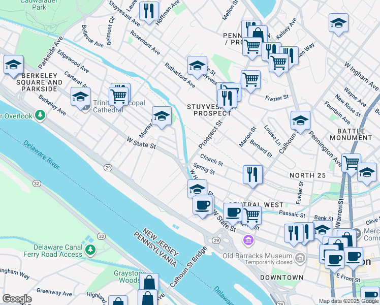 map of restaurants, bars, coffee shops, grocery stores, and more near 19 Prospect Street in Trenton