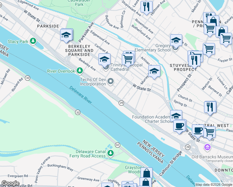 map of restaurants, bars, coffee shops, grocery stores, and more near 602 Riverside Avenue in Trenton