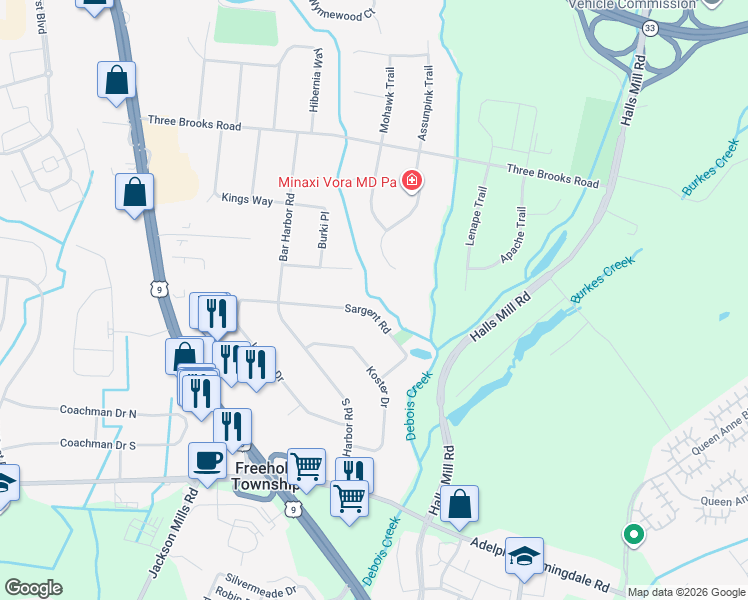 map of restaurants, bars, coffee shops, grocery stores, and more near 100 Sargent Road in Freehold