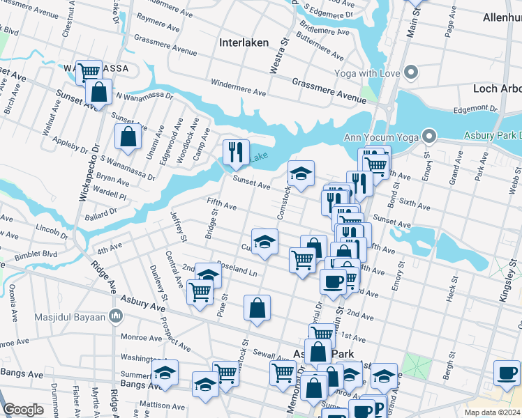 map of restaurants, bars, coffee shops, grocery stores, and more near 1113 5th Avenue in Asbury Park
