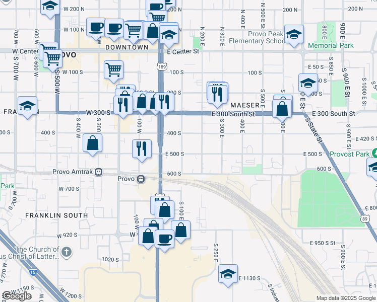 map of restaurants, bars, coffee shops, grocery stores, and more near 131 East 500 South in Provo