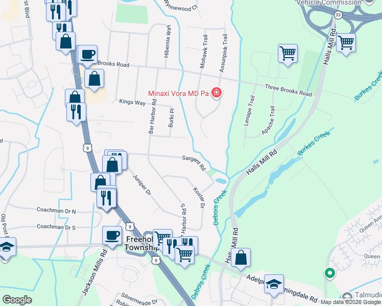 map of restaurants, bars, coffee shops, grocery stores, and more near 100 Sargent Road in Freehold