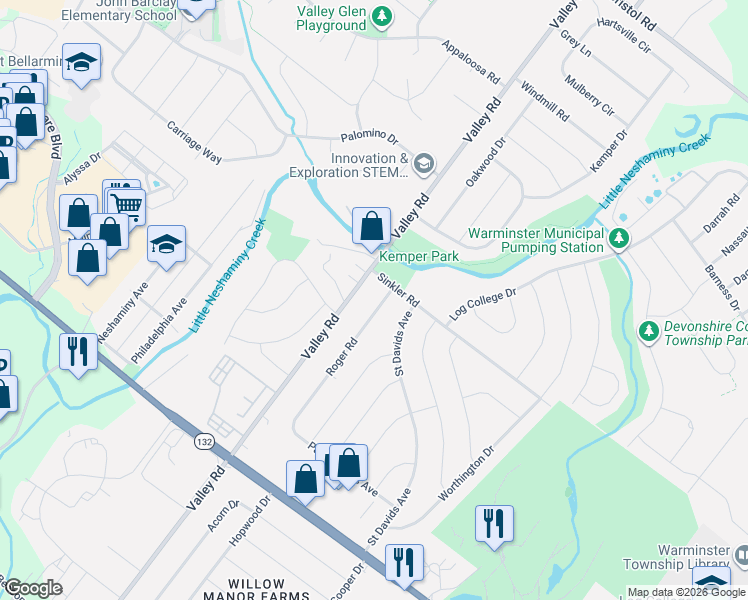 map of restaurants, bars, coffee shops, grocery stores, and more near 855 Roger Road in Warminster