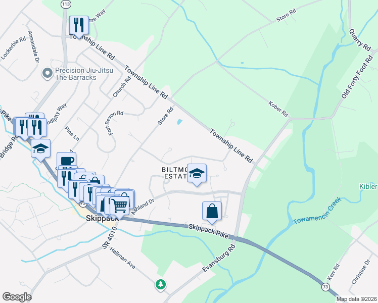 map of restaurants, bars, coffee shops, grocery stores, and more near 3963 Goshen Drive in Harleysville