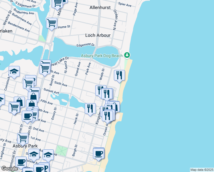 map of restaurants, bars, coffee shops, grocery stores, and more near Kingsley Street & 7th Avenue in Asbury Park