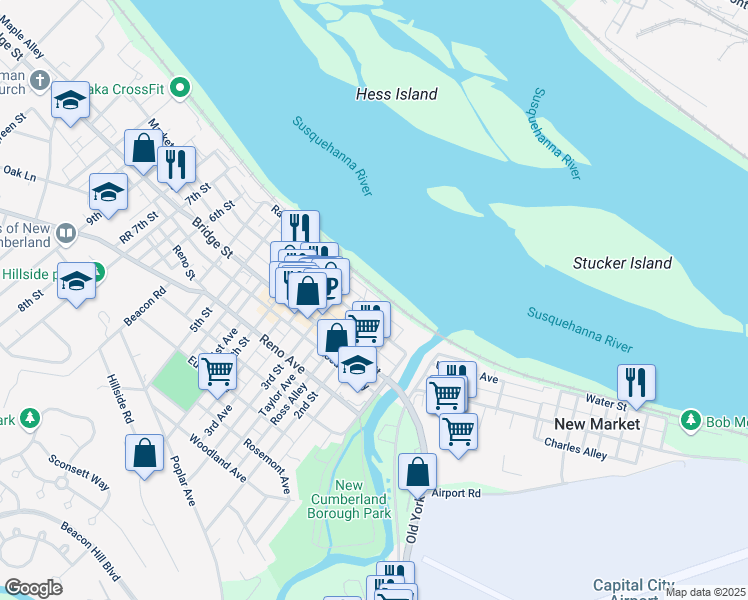 map of restaurants, bars, coffee shops, grocery stores, and more near 207 Walnut Alley in New Cumberland