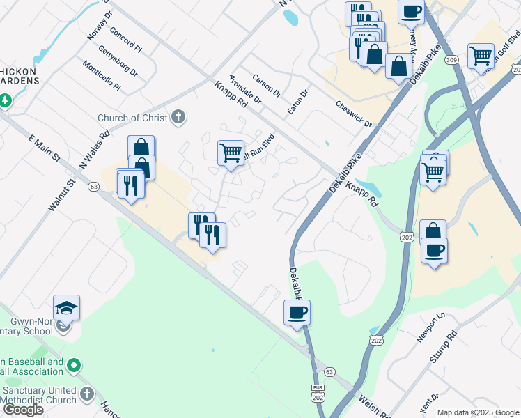 map of restaurants, bars, coffee shops, grocery stores, and more near 206 Colettes Court in North Wales