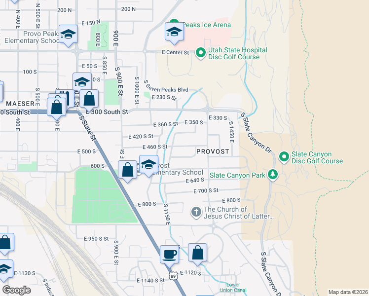 map of restaurants, bars, coffee shops, grocery stores, and more near 1242 East 460 South Street in Provo