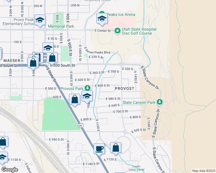 map of restaurants, bars, coffee shops, grocery stores, and more near 1242 East 460 South Street in Provo