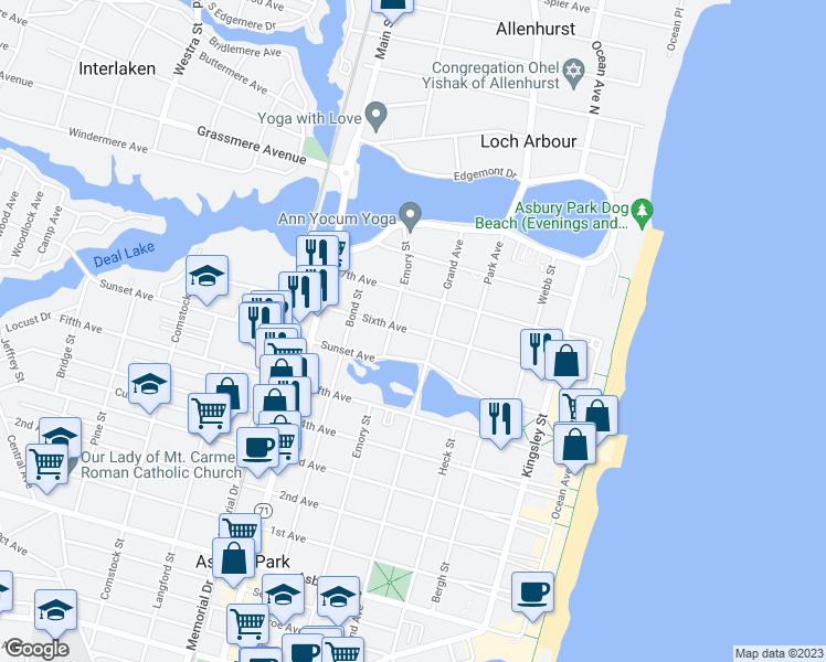 map of restaurants, bars, coffee shops, grocery stores, and more near 506 6th Avenue in Asbury Park