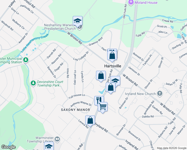 map of restaurants, bars, coffee shops, grocery stores, and more near 1241 Weber Road in Warminster