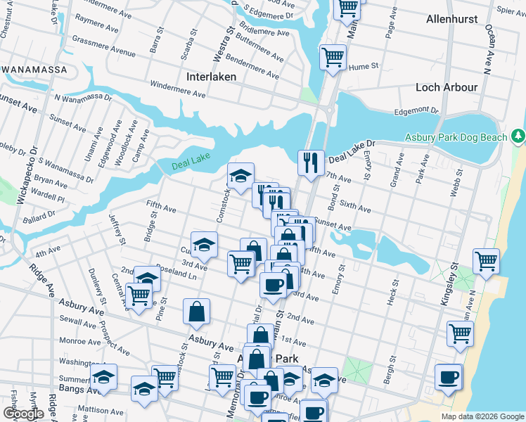 map of restaurants, bars, coffee shops, grocery stores, and more near 904 Sunset Avenue in Asbury Park