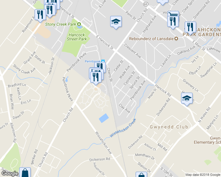 map of restaurants, bars, coffee shops, grocery stores, and more near 630 Cherry Street in Lansdale