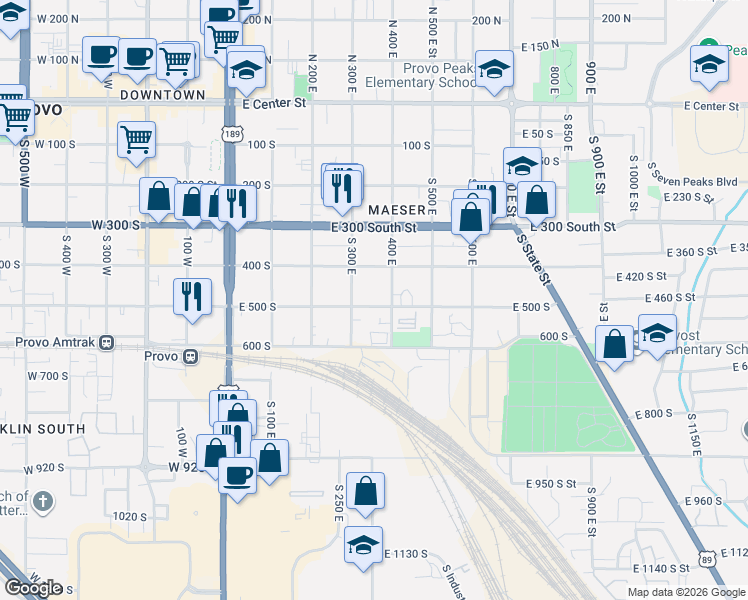 map of restaurants, bars, coffee shops, grocery stores, and more near 359 East 500 North in Provo