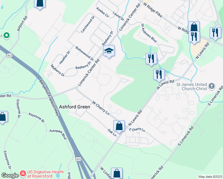 map of restaurants, bars, coffee shops, grocery stores, and more near 74 Walker Road in Royersford