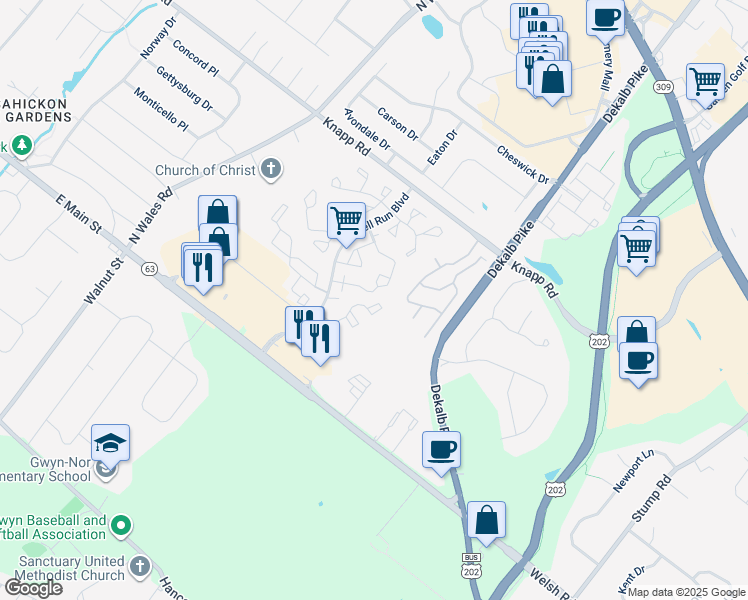 map of restaurants, bars, coffee shops, grocery stores, and more near 104 Colettes Court in North Wales