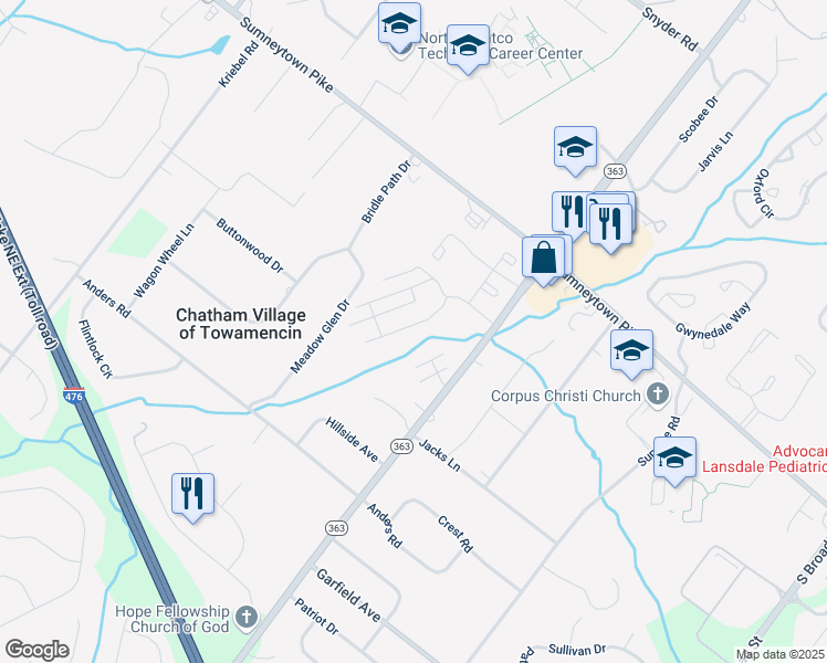 map of restaurants, bars, coffee shops, grocery stores, and more near 134 Ardwick Terrace in Lansdale