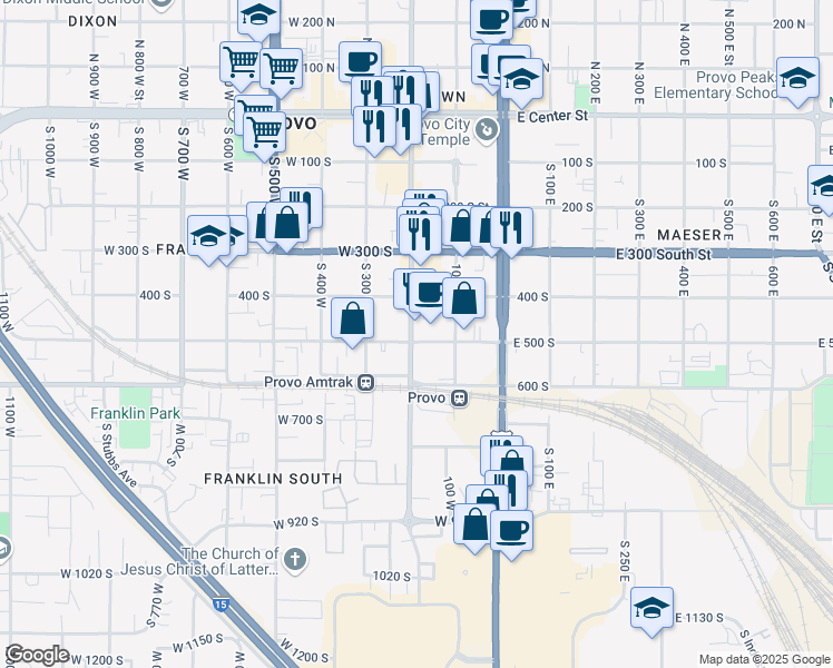 map of restaurants, bars, coffee shops, grocery stores, and more near 199-101 West 500 South Street in Provo
