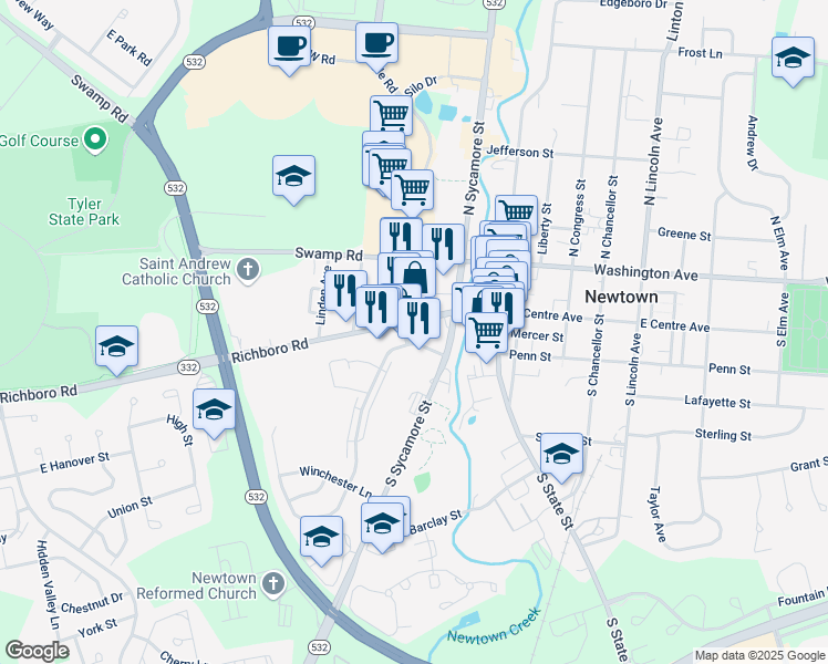 map of restaurants, bars, coffee shops, grocery stores, and more near 17 Cambridge Lane in Newtown