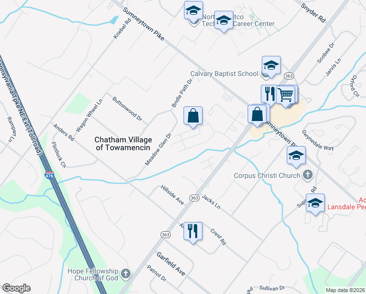 map of restaurants, bars, coffee shops, grocery stores, and more near 170 Ardwick Terrace in Lansdale